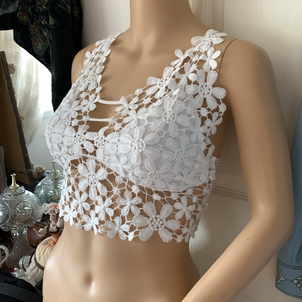 White lace backless long bustier bralette bra crop top M